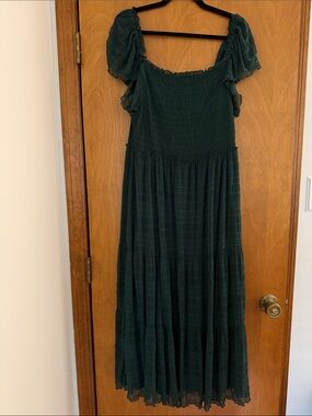 Max Studio Dark Green Smocked Maxi Dress with Puff Sleeves